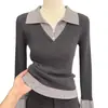 Nuevo Estilo Otoño/Invierno 2026 Conjunto de Dos Piezas Adelgazante Suéter de Punto con Cuello Polo y Mangas Largas en Color de Contraste