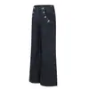 Jeans de mezclilla cruda azul estilo retro americano Yongfang para hombres y mujeres, estilo callejero holgado, diseño de múltiples botones, pantalones casuales rectos de pierna ancha