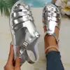 Sandalias Planas Caladas de Punta Abierta Talla Grande para Mujer, Nuevo Estilo Transfronterizo con Hebilla Dorada, Chanclas Casuales de Playa para Verano
