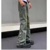 Jeans Rotos de Hombre Estilo Americano Vintage Amarillo Viejo Teñidos con Barro Salpicaduras de Tinta High Street Ajustados Altos Modernos Pantalones de Campana