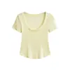 Top de Tencel con Cuello en U Grande, Mangas Cortas, Nuevo Estilo de Verano, Corte Ajustado, Longitud Corta, Cintura Alta, Dobladillo Curvo, Camiseta Básica