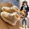 Novos Tênis Esportivos de Inverno para Crianças Cabedal de Couro Meninos e Meninas Cano Alto Tênis de Algodão Duplo Quente Antiderrapante Forrado com Fleece Sapatos Brancos