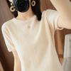 2023 Algodão Penteado Primavera e Verão Novo Decote Redondo Seda Suéter de Malha Camiseta Feminina de Manga Curta Solto Tamanho Grande Top Meia Manga Feminina