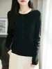 Cardigã de gola redonda com botões para mulheres, design para primavera e outono com decoração de botões, emagrecedor, versátil, estilo casual e vintage