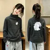 Camiseta Térmica de Forro Polar para Niñas Otoño Invierno Cuello Semi-Alto Elegante Cálida Rayada Ropa Interior para Niños Medianos y Grandes Camiseta de Manga Larga