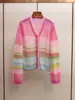 Shenzhen Nanyou Ropa Fina para Mujer Primavera Nuevo Estilo Juvenil Diseño de Moda Bloques de Color Cuello en V Cárdigan de Punto Superior