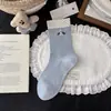 Meias de Cano Médio Estilo Coreano, Meias Listradas Azuis e Cinzas para Mulheres, Meias de Algodão Sem Costura, Meias Largas Tendência Estilo Japonês com Desenho de Cachorrinho Fofo
