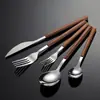 Juego de Cuchillo, Tenedor y Cuchara de Acero Inoxidable con Mango de Grano de Madera en Stock, Juego de Cubiertos de Acero Inoxidable con Mango de Madera Imitación, Cuchillo y Tenedor para Bistec, Vajilla Occidental