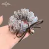 Base azul frío con malla de estampado de leopardo marrón y cordón de cuero, scrunchie de cuenta redonda para mujer, estilo vintage 2026, añade un toque retro