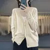 Cárdigan fino de punto elegante con cuello en V y bolsillos, top liso de punto para mujer de corte holgado, chaqueta negra del fabricante