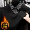 Camiseta de una pieza de forro polar con diseño falso de dos piezas para hombre, con forro de forro polar y engrosada para otoño e invierno, camiseta base para personas de mediana edad y mayores, tejido de punto, camiseta de papá