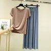Conjunto de Loungewear Feminino de Modal para Verão, Fino, Plus Size, Manga Curta, Calça Longa Casual Cropped de Perna Larga, Adequado para Usar por Cima