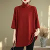 Camiseta Vintage de Manga Curta com Gola Alta Plus Size para Mulheres, Novo Estilo Outono 2025, Caimento Solto, Emagrecedora, Peça de Roupa Exterior, Camiseta Básica com Base de Ombro Normal