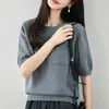 Suéter de punto para mujer, apto para el commute, no hace bolitas, algodón puro, cuello redondo, manga corta, para otoño e invierno, juvenil y elegante, top tipo camiseta de punto holgado