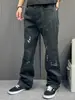 Novos jeans destroyed tie-dye vintage da moda, calças casuais empilhadas lavadas da alta rua da moda para homens