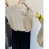 Top de punto corto hueco con cuello redondo para mujer, ajuste holgado de verano, diseño adelgazante, cobertura única protectora del sol, estilo fino