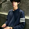 Camiseta de manga larga de algodón puro de peso pesado, marca de moda estilo americano para hombre, primavera y otoño, resistente, camiseta de moda urbana con tres rayas únicas
