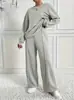 Conjunto de Moletom de Cor Sólida com Gola Redonda e Calça de Moletom Duas Peças Feminino, Roupa Casual para Casa Primavera e Outono, Atacado de Roupas Femininas Transfronteiriças Europeias e Americanas