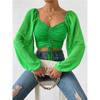 Blusa de verão Amazon Aliexpress com decote em V, manga bufante, cordão ajustável, justa, manga comprida, sexy, modelagem slim e que valoriza a silhueta.