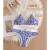 Conjunto de ropa interior sexy con estampado de leopardo francés transfronterizo, copa triangular de escote profundo, espalda de belleza, sin aro de acero, para comercio exterior