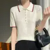 Suéter feminino de lã penteada fino, gola polo, combinação de cores, botão, temperamento, manga curta, emagrecedor, para o trabalho, manga meia