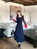 Vestido de punto estilo coreano para mujer talla grande, temperamento suave y juvenil, vestido largo falso de dos piezas en tela azul marino transparente