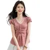 Comercio Exterior Ropa de Mujer 2026 Verano Nuevo Estilo Coreano Versátil Camisa de Cuadros Rojos Camisa de Manga Corta con Cuello en V para Mujer