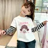 Camiseta de Manga Larga de Algodón Puro para Niña, Estilo Otoño Nuevo, con Estampado de Dibujos Animados y Elegante Diseño Rayado