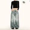 Calça Jeans Yongfang Azul Lavado Retrô Americana para Homens e Mulheres, Modelagem Solta, Estilo Vintage Simples, Calça Pantalona Reta Tendência