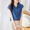 Camisa Jeans Azul Retrô 2025 Verão Novo Estilo Coreano Simples Elegante Design Commuter Camisa para Mulheres