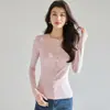 26 Outono Novo Feminino Rosa Mistura de Lã Slim Fit Elástico Manga Longa Tricô Camiseta com Gola Redonda 22773