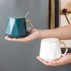 Taza de cerámica geométrica simple de color sólido estilo nórdico con tapa y cuchara, oro de alta calidad, taza de café de oficina al por mayor