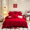 Juego de cuatro piezas para boda, ropa de cama para recién casados, funda de edredón bordada, juego de boda rojo, habitación de boda, cama de boda, juego bordado festivo