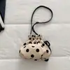 Bolsa de saco vintage com bolinhas grandes e cordão, bolsa de mão de tecido off-white suave, bolsa de armazenamento mini portátil feminina