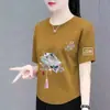 Estoque Excedente de Comércio Exterior Transfronteiriço Estilo Chinês Vintage Roupas de Mãe Camiseta de Manga Curta para Meia-Idade Camisa Base Solta Novo Estilo Chinês