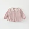 Cárdigan de punto para niña con cuello de muñeca, estilo princesa para bebé, cárdigan de algodón 100% clase A para primavera y otoño, abrigo para bebé suave y amigable con la piel