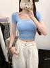 Nueva playera de manga corta con cuello cuadrado en los hombros para mujer, verano, chica sexy, cruz, tirante hermoso, copa en el pecho, top corto combinable