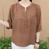 Camisa Suelta de Verano Delgada Talla Grande Diseño de Moda Temperamento Adelgazante Mamá Color Sólido Manga Media Top Blusa Reductor de Edad