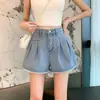 Shorts de mezclilla azules para mujer, pantalones de verano con ribete de encaje, nuevos pantalones cortos finos de cintura alta línea A de pierna ancha para chicas a la moda 2026