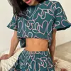 Conjunto Casual de Verano para Mujer Europeo y Americano con Estampado, Mangas Cortas con Volantes, Pantalones Cortos de Cuello Redondo, Conjunto de Dos Piezas tipo Pijama para Casa