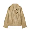 Ropa de mujer de venta caliente transfronteriza en Amazon: Chaqueta corta de cuero color caqui otoño 2026, solapa grande, doble botonadura