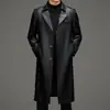 Abrigo de Cuero para Hombre de Otoño e Invierno, Estilo Coreano, Corte Ajustado, Longitud Extendida, Por Encima de la Rodilla, Doble Botonadura, Cuello de Solapa, con Cinturón, Gabardina de Cuero para Hombre