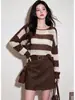 Abrigo exterior fino y elegante a rayas color café, suéter de punto holgado, nueva colección de otoño para mujer, top de alta gama
