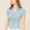 CANVAUS Camiseta de Manga Corta Nueva para Mujer Top de Solapa de Color Sólido para Mujer Camiseta de Manga Corta Ajustada con Pliegues que Reduce la Edad para Mujer