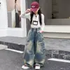 Jeans de trabajo estilo coreano para niñas, primavera y otoño, con agujeros en forma de corazón, pantalones de pierna ancha, pantalones de pierna recta para niños mayores, pantalones largos vintage
