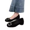 Zapatos de mujer de estilo francés con punta cuadrada y tacón grueso, gamuza negra con pedrería, boca poco profunda, adecuados para ir al trabajo y para el día a día, suela suave, cómodos zapatos para mamá