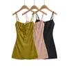 Ay788-26 Vestido de Tirantes de Verano Estilo Coreano Ajustado Cuello en V Verde Retro para Vacaciones Texturizado para Mujer con Cintura Ceñida Falda Corta Línea A
