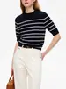Playera de Punto de Manga Corta a Rayas con Cuello Redondo Combinable Clásica Básica Nuevo Estilo Top para Verano