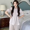 Pijama Nuevo de Seda de Hielo 2026 para Mujer, Conjunto de Ropa de Casa Transpirable de Color Sólido de Encaje con Mangas Cortas y Pantalones Largos de Alta Gama que se Pueden Usar Afuera