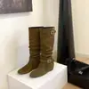 Aumento de Altura Interna de 5cm~ Botas de Couro Genuíno com Fivela Retro, Meia-Canela, para Mulheres, Novo Modelo 2026, Bico Redondo, Botas Western Cowboy Franzidas